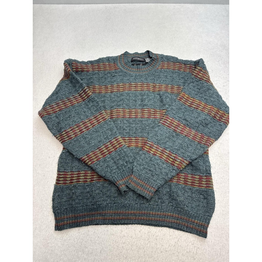 Jhane Barnes Sweater Mens Medium Green Wool Acrylic Stripe Cable Knit Pullover